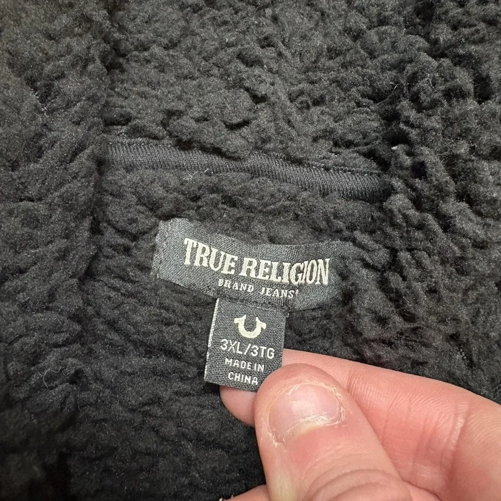 True Religion Hoodie Sweatshirt Mens 3XL Black Logo Seal Sherpa Full Zip Buddha